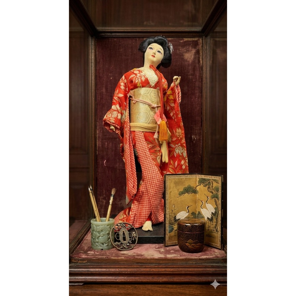 Vintage Japanese Geisha Doll Red Silk‎ Kimono Hand Painted Face